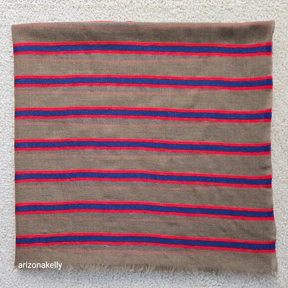 NWOT Wool Lightweight Woven Scarf Wrap Tan With Blue & Red Stripes - Picture 8 of 9